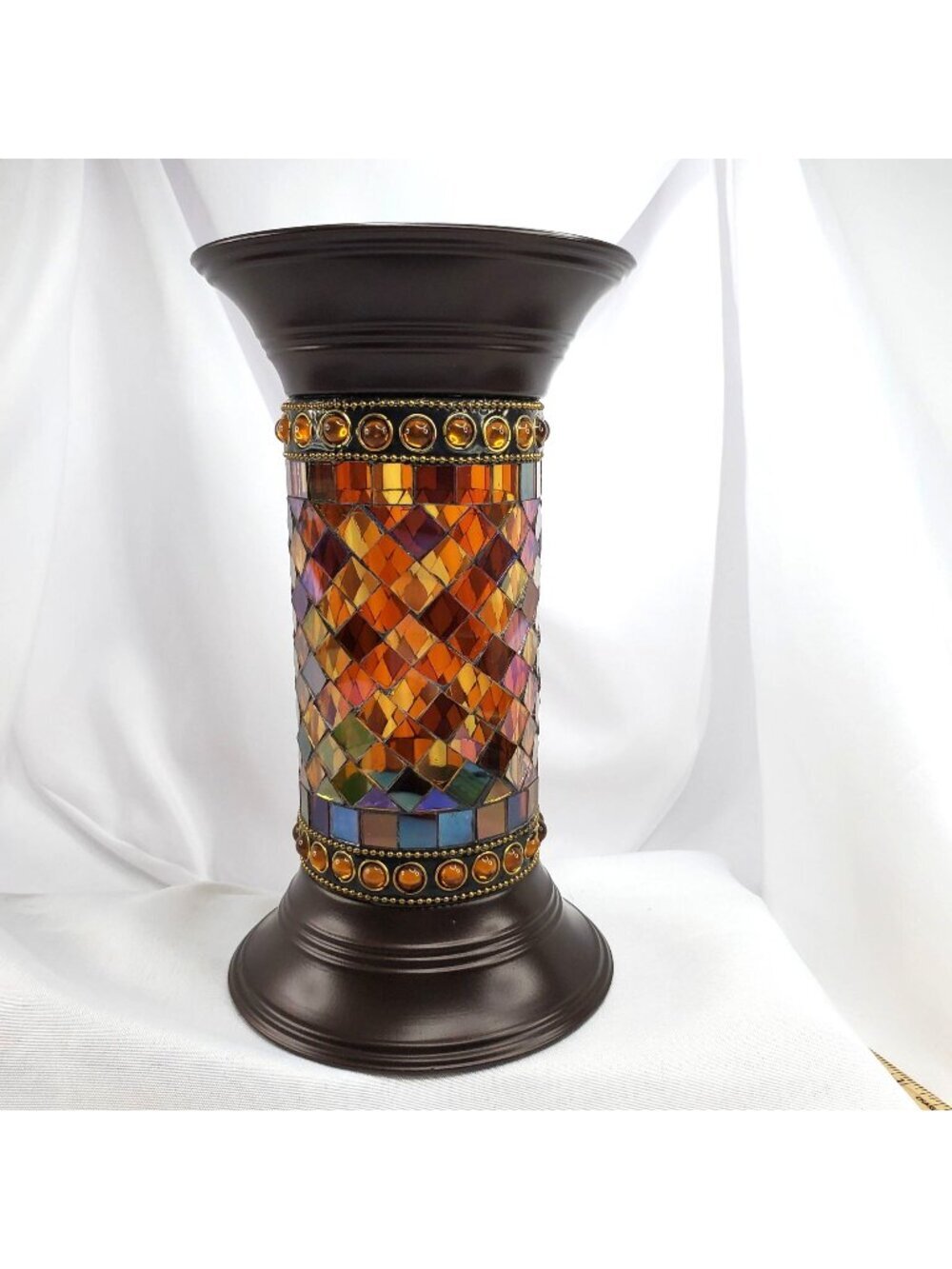 Partylite P9300 Global Fusion 9" Column Candle Holder Amber Mosaic Pattern